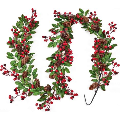 Guirlande de Noël artificielle de 183 cm, décoration de Noël avec baies rouges et noires, pommes de pin et feuilles vertes pour les fêtes d'hiver, le Nouvel An, la cheminée et autres décorations de No