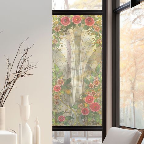 Stickers décoratifs électrostatique, verrière camélia, fleurs, effet vitrail, 150 cm X 67,5 cm (1/2)