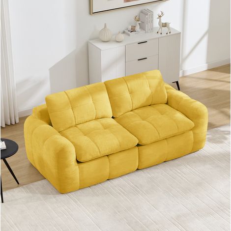 Canapé modulaire 2 places en chenille jaune, assise profonde, mousse haute densité 32D, sans montage (1/5)