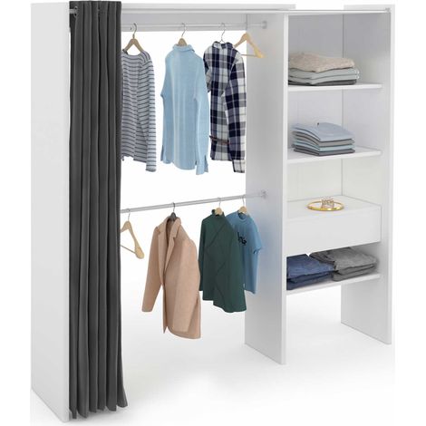 Idmarket – Dressing modulable extensible 120/170 cm – 4 étagères réglables – Double penderie – Rideau gris – Structure blanche