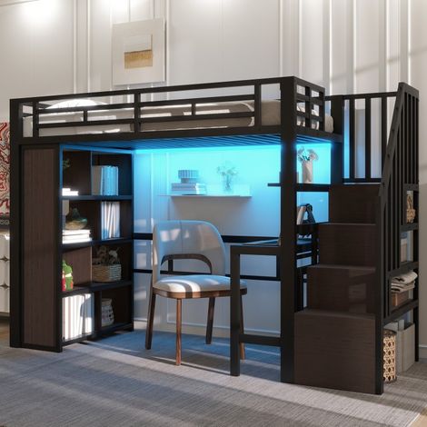 Lit Mezzanine 90x200 avec Bureau et Escalier de Rangement - Cadre Métal Noir, LED et Étagères - Lit Ado Gain de Place (1/5)