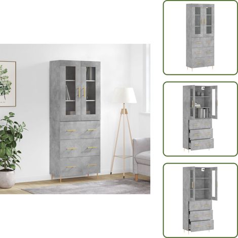 Buffet haut Gris béton 69,5x34x180 cm Bois d'ingénierie - Buffet Design Moderne - Meuble Rangement Gris - Armoire Haute - Buffet Cuisine - Buffet Salon