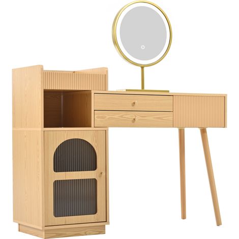 Coiffeuse en bois avec miroir LED et éclairage 3 couleurs, 120x90x40 cm, finition naturelle (1/5)