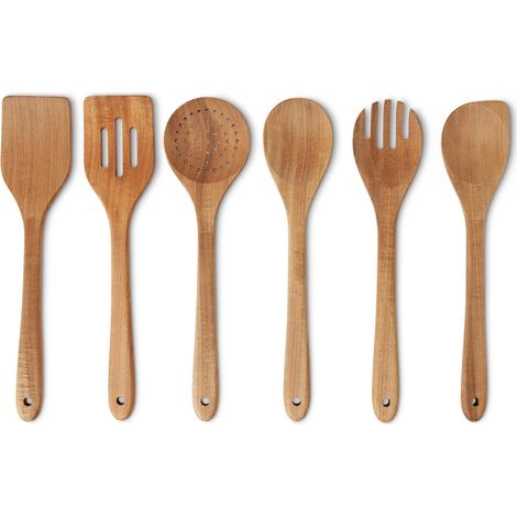 Ustensiles de Cuisine en Bois, Lot de 6 Pièces, Bois d’Acacia, Préhuilés, Compatibles avec les Poêles et les Casseroles (1/5)