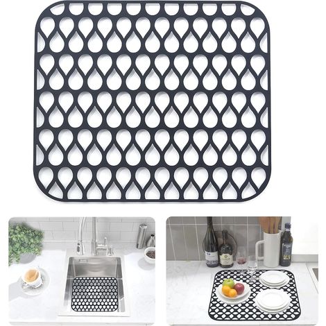 1 Tapis D'évier En Silicone 34x30 Cm Pliable Antidérapant Protection Fond Égouttoir Vaisselle Cuisine Noir (1/5)