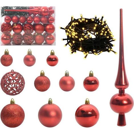 Ensemble de boules de Noël, contenant 150 lumières LED, 61 boules au total, en plastique rouge. (1/5)