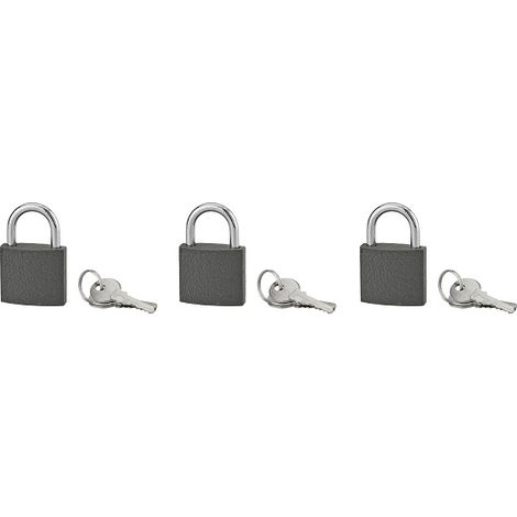 Set di 3 lucchetti BASIC grigi con chiave, base 40 mm, ansa in acciaio temprato, chiave uguale, 3 chiavi/cad. - SERRUPRIX