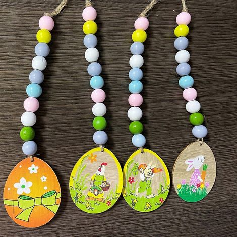 Pendentif en bois avec guirlande de perles de Pâques, lapin, carotte et œuf de coq, idéal pour décorer un mur ou une fenêtre lors de fêtes ou de festivals. Un cadeau adorable (1/4)