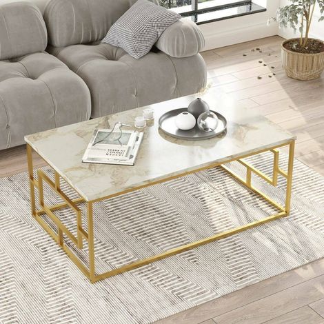 Dmora - Mesa de café Cygnus, Mesa de centro baja, Revistero para sofá, Estante de la sala de estar, 100x60h40 cm, Mármol Blanco y Oro, con embalaje reforzado (1/5)