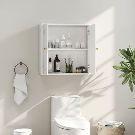 Armoire murale blanche 60x20x60 cm, placard haut design pour salle d'eau, meuble de rangement à double battant avec poignées dorées.