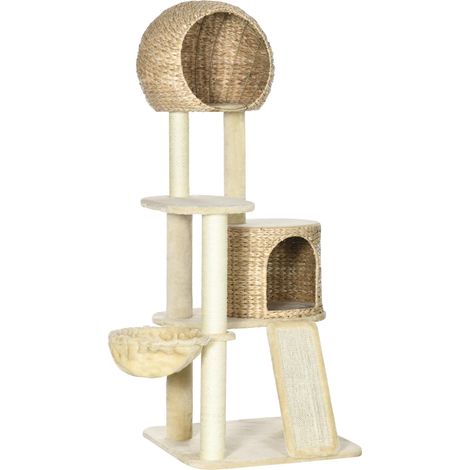 Arbre à chat avec niche en rotin, plusieurs plateformes, hamac et rampe, dispositif anti-basculement, peluche, beige, 60 x 60 x 150 cm