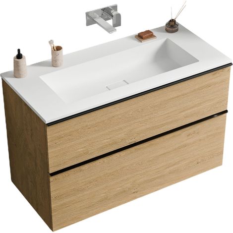 Unterschrank Bernstein LAVOA 100 cm mit Mineralguss Waschbecken BRUXELLES - Griff Schwarz matt, Badmöbelfarbe Eiche Honiggold, Waschbecken Weiß matt ohne Hahnloch