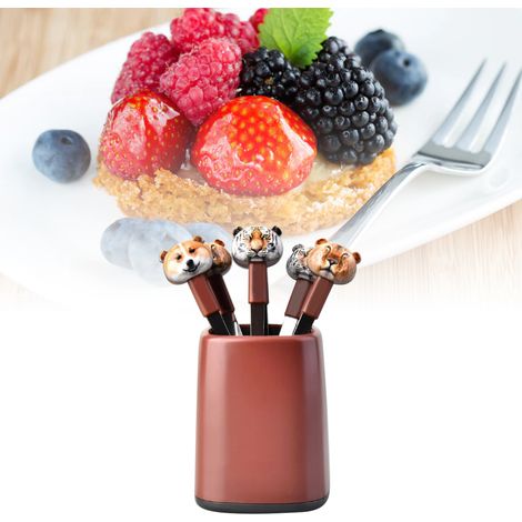 Fourchette à fruits en acier inoxydable Animal World RB700, fourchette à dessert mignonne, brochette à fruits, ensemble de couverts de luxe haut de gamme, marron (1/5)