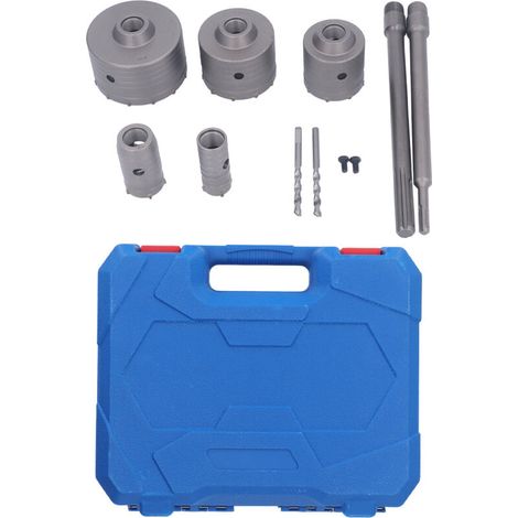 9-piece concrete hole saw kit, 30–100 mm, for cement, stone and brick walls. (1/5)