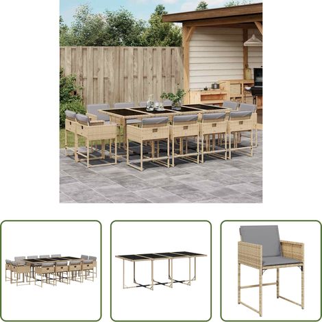 Gartentisch - 13-tlg. Garten-Essgruppe mit Kissen Beigemischung Poly Rattan (1/5)