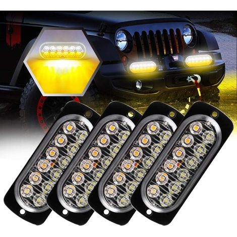 4 pieces Ultra Mince 4X12LED Lumières Stroboscopiques Warining Beacon Lights Barre d'éclairage d'urgence Lampe de Voiture Auto Flash Lamp Universel Pour 12-24V Voiture Camion Remorque (Ambre&Blanc)