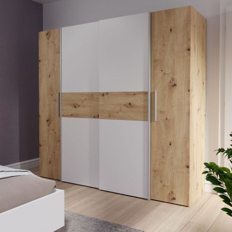 Armario 4 puertas roble y blanco con puertas correderas y batientes 200x61x190H Teodoro (1/5)