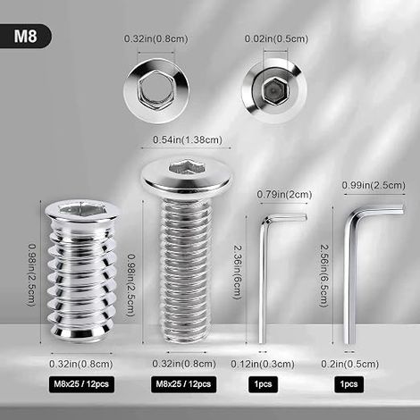 Ensembles Insert Fileté Bois M8x25 mm Vis Tete Plate M8x25 mm Insert Bois et Boulon m8 avec 2 Clé à Six Pans pour Cadres de Lit Tables Chaises Établis Armoires Étagères Canapés et Meubles (1/4)
