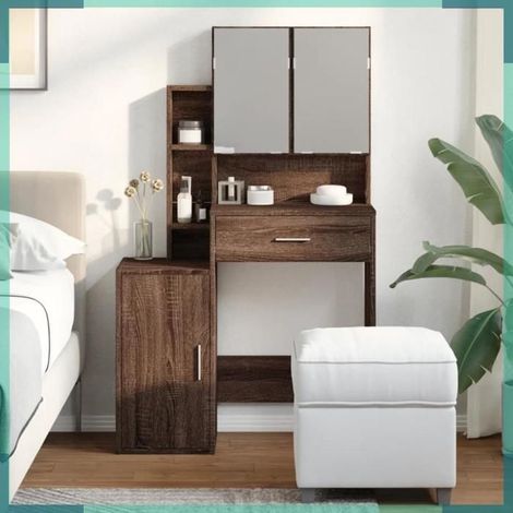 Coiffeuse avec armoire - 848240 - chêne marron - 1 tiroir & 8 compartiments - 80 x 35 x 132 cm (1/5)