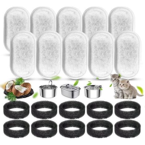 10 filtres charbon actif, 10 filtres mousse acier inoxydable, fontaine à eau pour chat, dimensions 7,6 x 4,3 cm et Ø int. 5,5 cm (1/4)