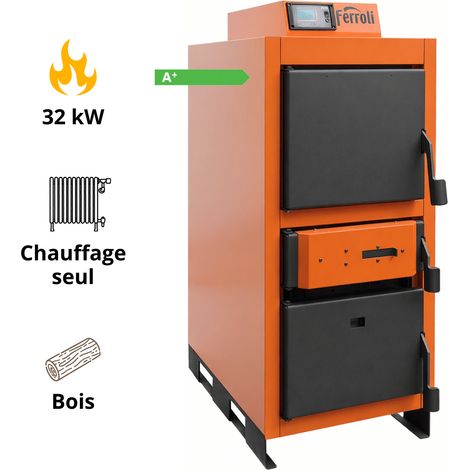 Ferroli – Chaudière bois à gazéification 32 kW – Rendement 91.8% – Acier robuste – Longueur max des bûches 50 cm – Écran tactile numérique