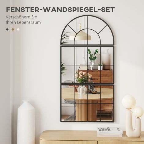 Lot de 3 miroirs muraux pour fenêtre, cadre métallique noir, 76 x 53 cm