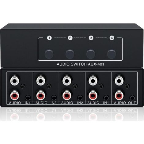 Commutateur audio 4 en 1 RCA - Répartiteur et commutateur - Répartiteur auxiliaire 3,5 mm - Haut-parleur stéréo passif - Pour casque, TV, PC - Répartiteur RCA / RCA (1/5)