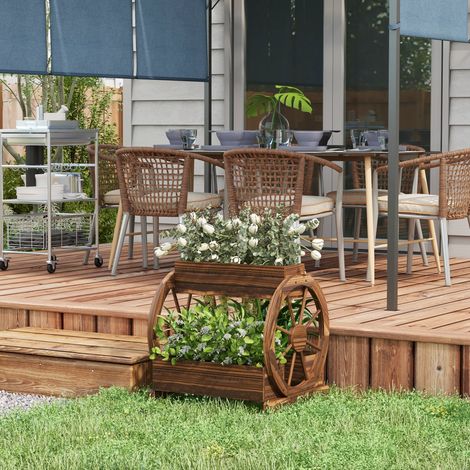 Jardinière d'extérieur en bois à deux niveaux avec 3 pots et roues de chariot style campagnard. 64 x 54 x 60 cm (1/5)