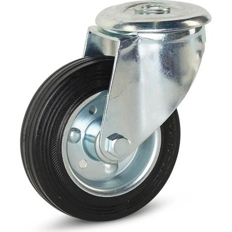 Roulette pivotante freinée - MESO - Caoutchouc inodore - Trou central - 100mm - 100kg