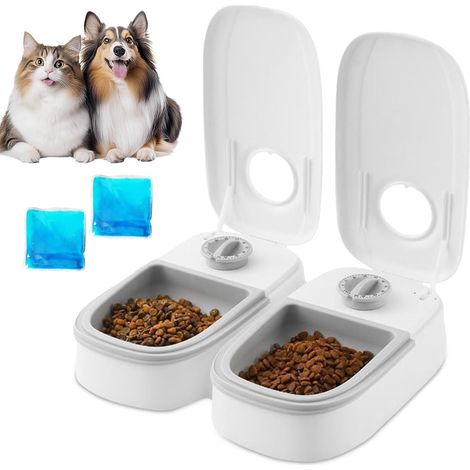 Distributeur nourriture 2 repas/48 h, double bol sec/humide, minuterie, chats/chien (1/4)