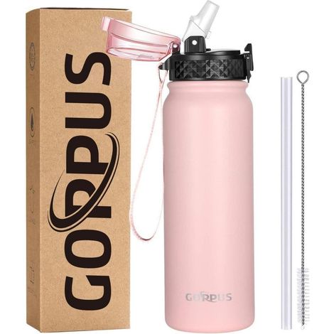 Wasserflasche Edelstahl Strohhalm Auslaufsicher 600 ml Rosa-1 Deckel (1/5)