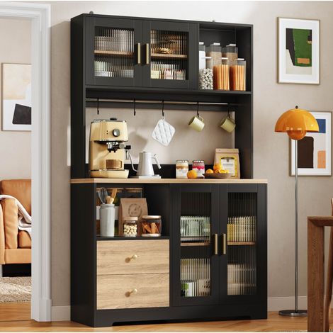 Mueble de cocina con vitrina y LED MDF negro OKMYHOME (1/5)