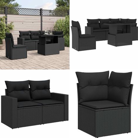 Salon de jardin 6 pcs avec coussins noir résine tressée - Ensemble Salon De Jardin - Meuble Extérieur - Jardin Design - Mobilier Résistant Aux Intempéries - Chaise Longue - Home & Living (1/5)