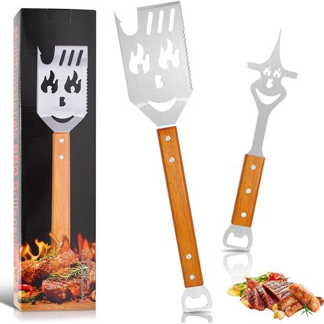 Ustensiles Barbecue Set, Multifonctionnelles et Fourchette Spatule 7 en 1, Manche Acier Inoxydable Bois avec Décapsuleur, Idéal pour Le Camping, Cadeau Parfait Hommes - (1/5)