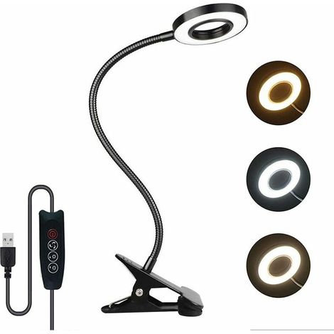 7W Usb Lampe De Bureau à Pince, 3 Couleurs Et 10 Luminosité Réglables, 48 Led 350° Flexible, Lampe Pince Pour Lit, Liseuse Lampe De Lecture Livre, Dimmable Usb Clip Lampe De Chevet Pour Lire (Noir) - (1/5)