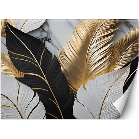 Papier peint feuilles d'or noires et blanches sur fond de marbre 200x140 (1/5)