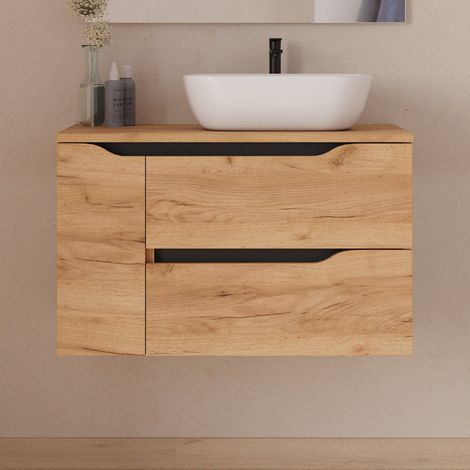 Meuble de salle de bain 80cm avec plateau et vasque à poser déportée à droite Zeus - sans miroir - 2 tiroirs et un placard - roble (chêne clair) - ZARZA
