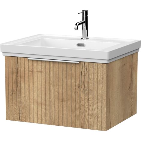 Callingwood Contemporary Wall Hung 1 Drawer Vanity Unit with Traditional 1 Tap Hole Fireclay Basin , 600mm, Autumn Oak