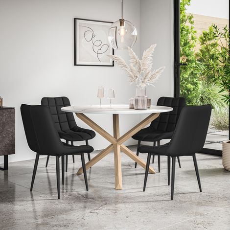 Malvern Round Dining Table And Chairs -  Marble Table Top w Solid Oak Legs + Nova Faux Leather Dining Chair Set Of 4 (Black) (1/5)