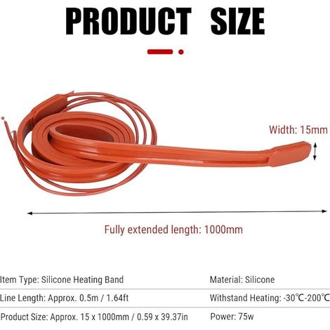 Câble Chauffant, 75W 15x1000mm Cordon Chauffant Antigel, -30°C-200°C Resistance Bande Chauffante pour Tuyaux, Climatiseurs, Compresseurs