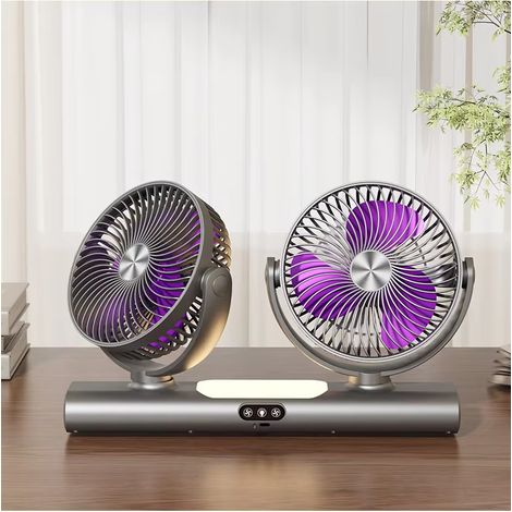 Ventilateur Portable USB Rechargeable à Double Tête Pivotante, 3 Vitesses, Veilleuse LED, pour Bureau, Chambre et Camping (1/5)