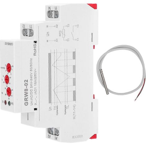 Relais de contrôle de température GRW8-02, montage sur rail DIN, avec sonde de test, alimentation AC/DC 24V-240V, régulation thermique fiable, installation facile pour systèmes électriques. (1/5)