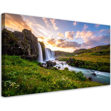 Quadro su tela, Vista prato cascata natura, 80x40 (1/5)