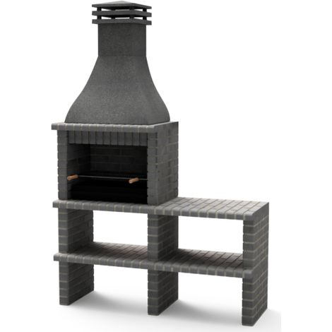 MOVELAR - Barbacoa de Obra Prefabricada para Leña y Carbón Modelo  BBQ KHIVA PLUS con CABALLETE LATERAL COMPLETO y con Parrilla (Gris oscuro - 164 x 58 x 246 cm) REF: M01024 - Uso en Exteriores (1/2)
