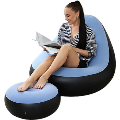 Fauteuil gonflable avec repose-pieds Design ergonomique floqué, fauteuil gonflable portable Multicolore pour la maison, les voyages et le camping (Valves anti-fuite) (Bleu ciel) (1/4)