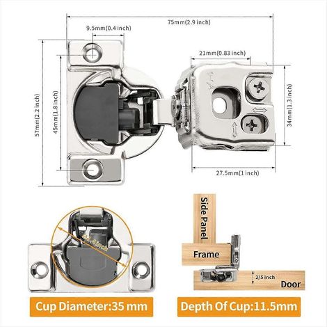 Confezione da 10 cerniere a scomparsa 3D a chiusura ammortizzata da 3,2 cm (1-1/4 pollici) per porte con telaio, con velocità di chiusura controllata e angolo di apertura di 105°. (1/5)