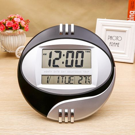 Digitale Wanduhr im modernen Design, funkgesteuert, mit Thermometer und Wecker, großem LCD-Bildschirm, ideal zur Dekoration des Wohnzimmers, der Küche oder des Büros (schwarz). (1/3)