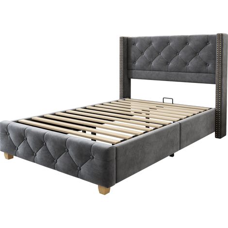 Cama tapizada 90x200 cm en terciopelo gris con somier de láminas y cabecero MODENUIT (1/5)