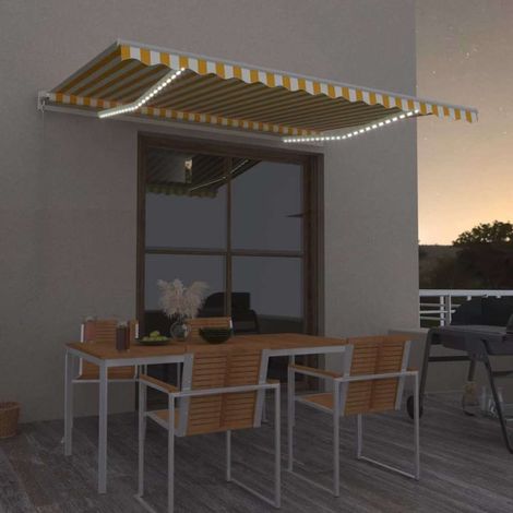 Auvent manuel rétractable avec LED - Auvent de jardin Soleil imperméable 400x300 cm Jaune et blanc BV151406 - BonneVie (1/5)