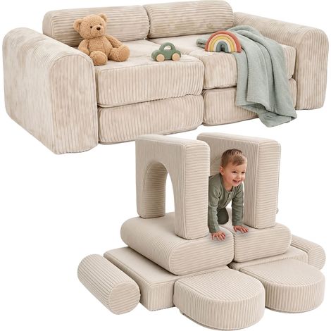 Relaxdays Children's modular play sofa, 10-piece soft blocks, kids' couch, corduroy, HxWxD 32x108x50 cm, beige (1/5)